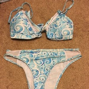 High rise white and blue bathing suit